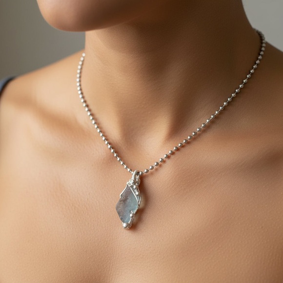 Handmade Jewelry - Green Fluorite Pendant Necklace With Artisan Metalwork Halo Bezel On Ball Chain